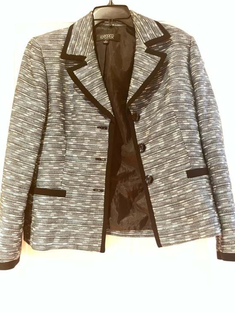 Kasper Black and White Bouclé Blazer with Contrast Trim